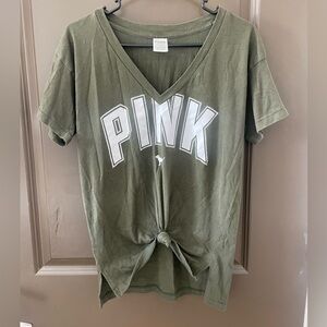 PINK Victoria's Secret Olive Green White Tie Front Short Sleeve Logo Tee Size XS